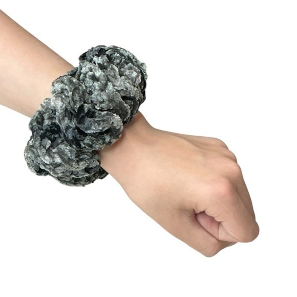 Crochet Scrunchie Oversized Hair Tie Gray Plush Crushed Velvet Handcrafted